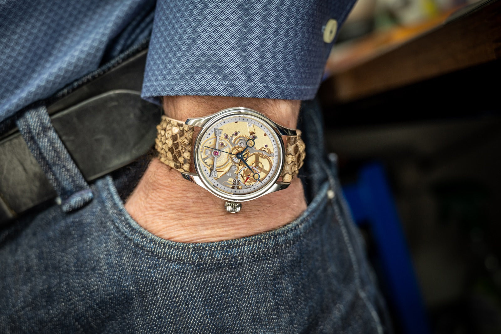 A handcrafted S3 timepiece with open dial and deadbeat seconds function made in Britain by Garrick Watchmakers